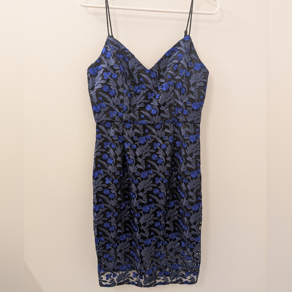 Embroidered Blue Floral Whimsigoth Dark Fairy Midi Dress – Size M